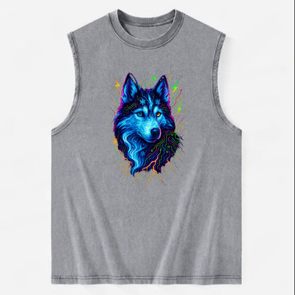 Siberian husky with ice-crystal flowing patterns, electric blue and white - Vintage Washed Tank - Grey