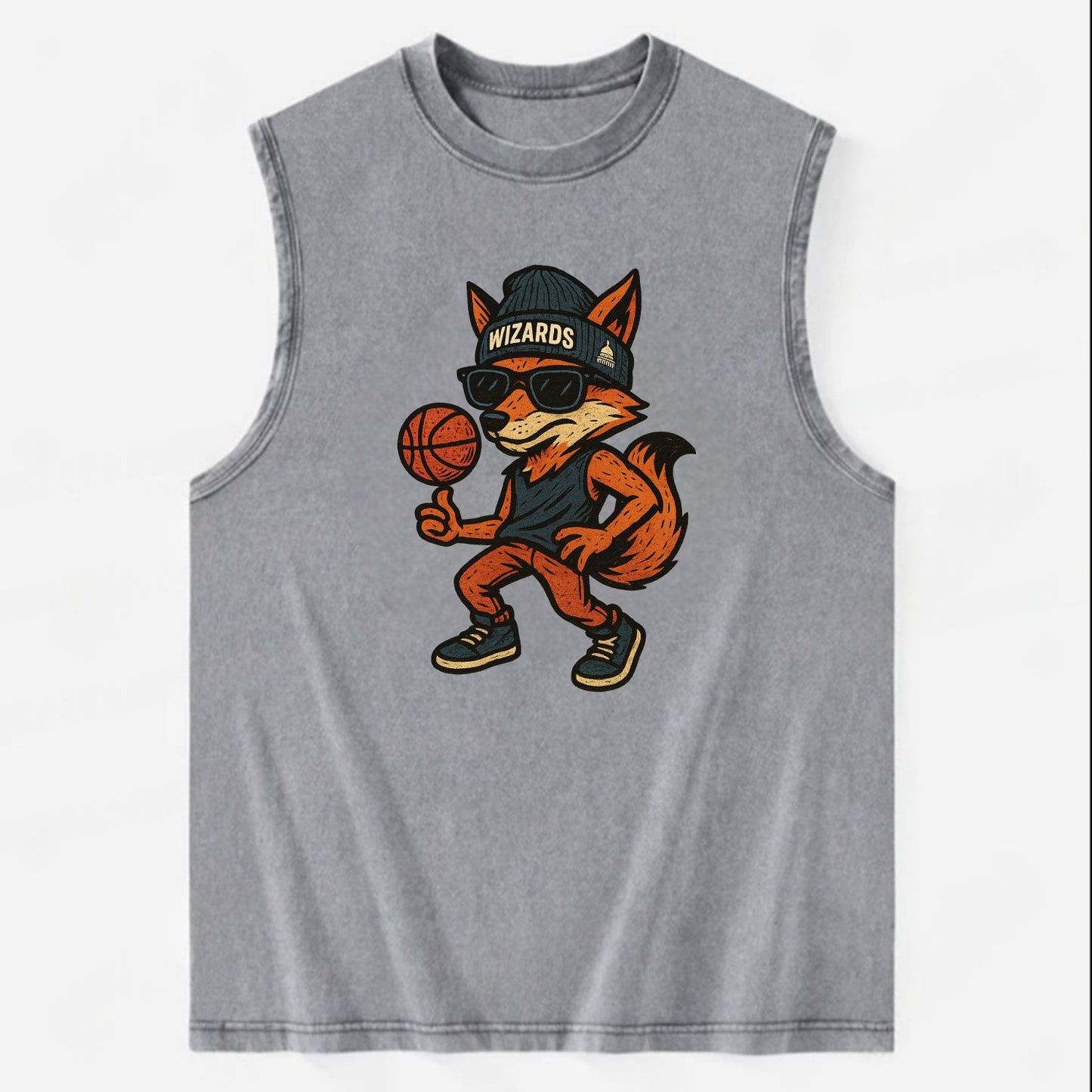 Washington Fox wearing Wizards beanie with capitol patch and wayfarer - Vintage Washed Tank - Grey