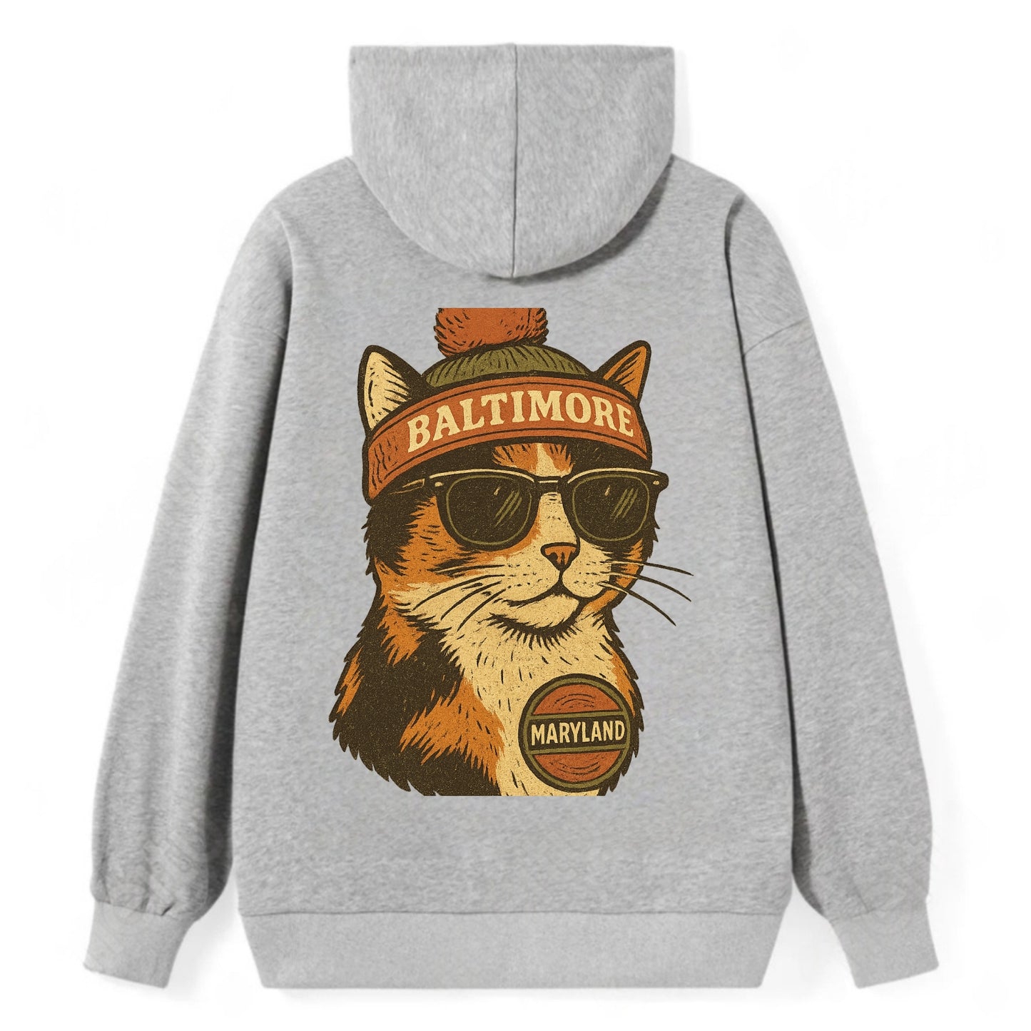 Maryland Calico Cat wearing Baltimore beanie with pom pom and wayfarer - Classic Pullover Hoodie - Grey