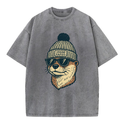 Grand Rapids River Otter wearing Grand Rapids beanie with pom pom and wayfarer - Vintage T-shirt - Grey