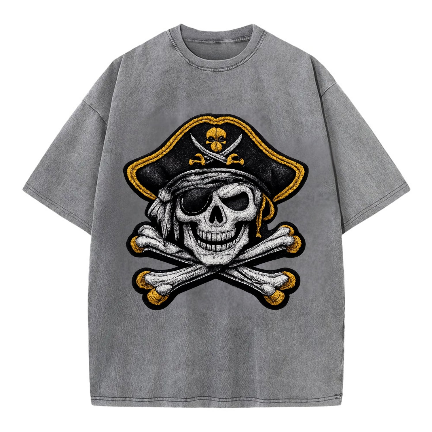 PIRATE SKULL - Jolly Roger skull in black and white , pirate - Vintage T-shirt - Grey