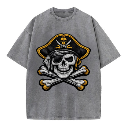 PIRATE SKULL - Jolly Roger skull in black and white , pirate - Vintage T-shirt - Grey