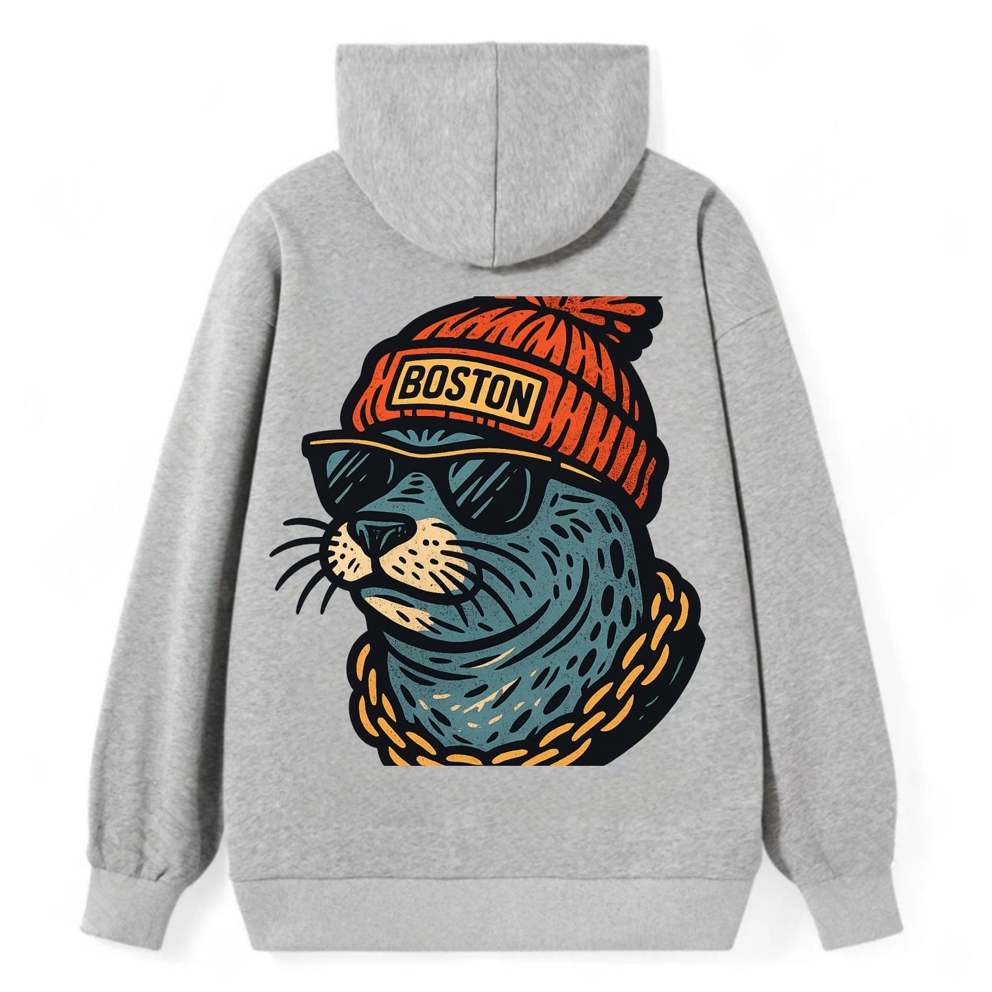 Boston Harbor Seal wearing Boston beanie with pom pom and wayfarer - Classic Pullover Hoodie - Grey