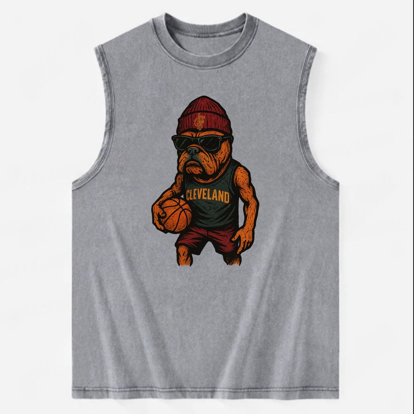 Cleveland Bulldog wearing Cavaliers wine and gold beanie with sword patch and - Vintage Washed Tank - Grey