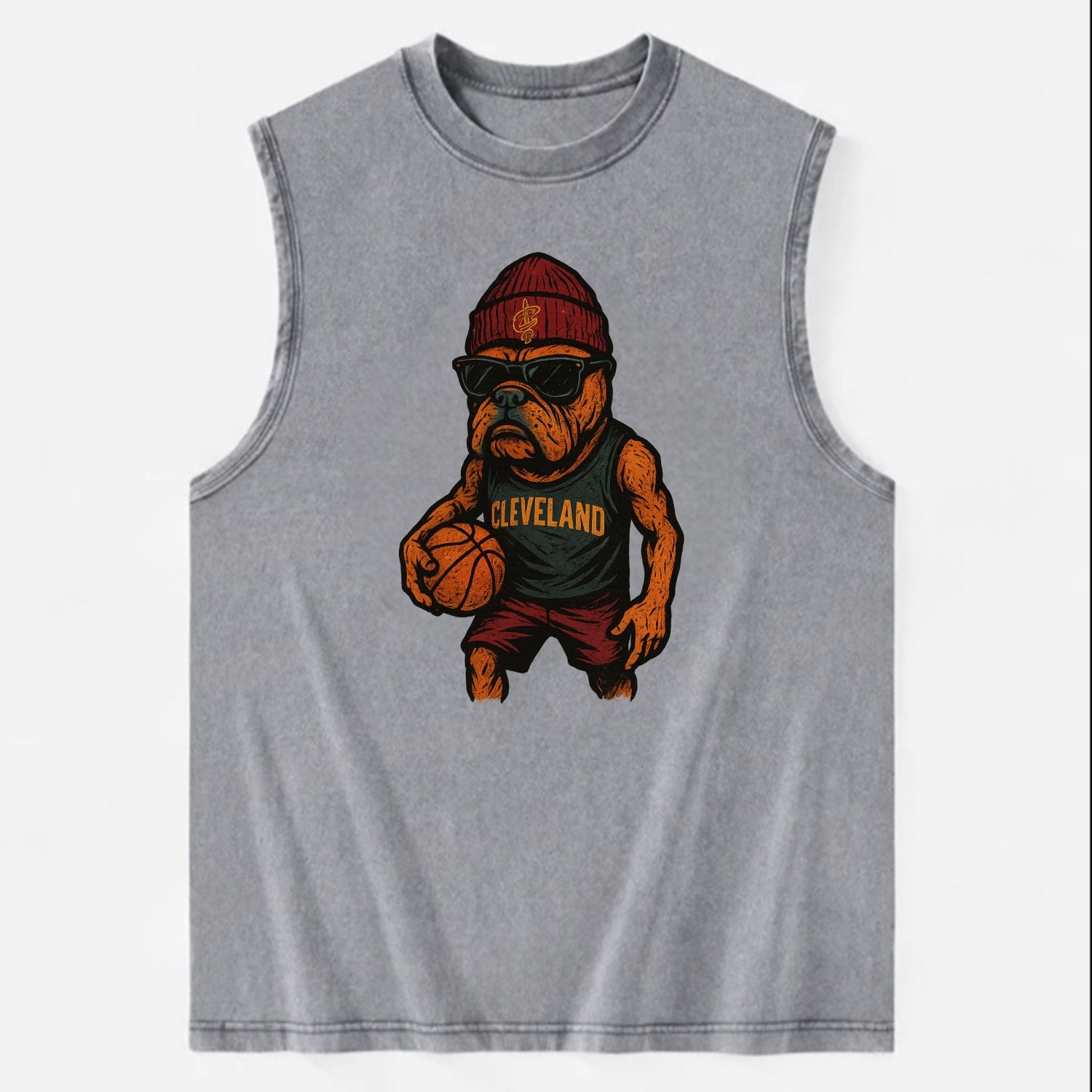 Cleveland Bulldog wearing Cavaliers wine and gold beanie with sword patch and - Vintage Washed Tank - Grey