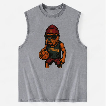 Cleveland Bulldog wearing Cavaliers wine and gold beanie with sword patch and - Vintage Washed Tank - Grey