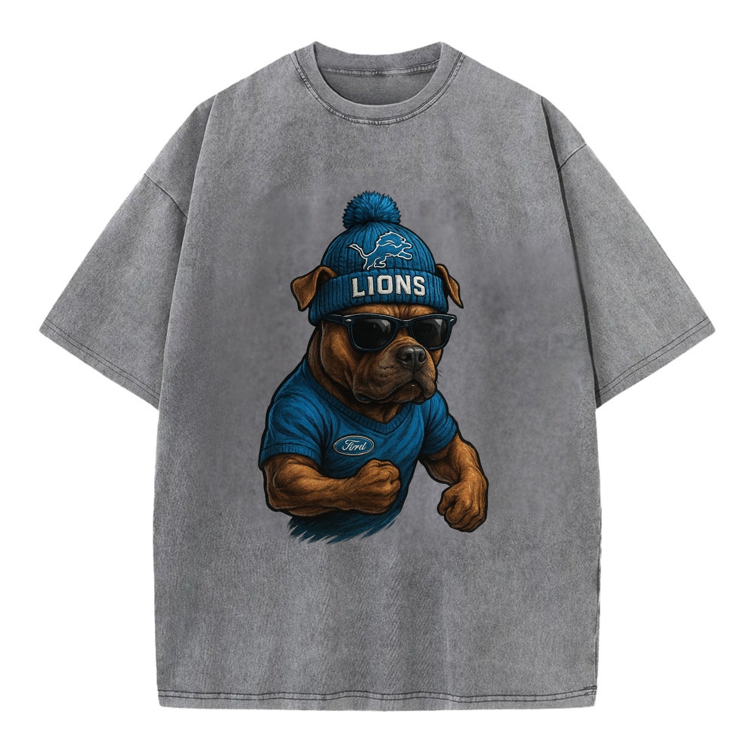 Detroit Pitbull wearing Lions beanie with auto patch and wayfarer sunglasses - Vintage T-shirt - Grey