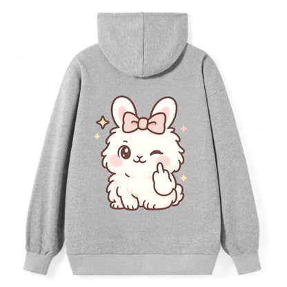 fluffy white angora rabbit with pink bow, one paw delicately flipping off - Classic Pullover Hoodie - Grey