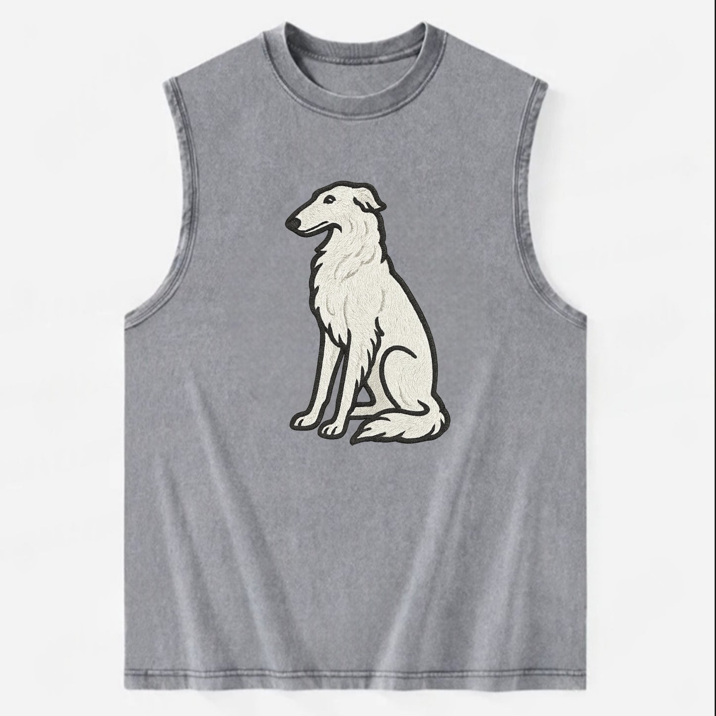 Borzoi - White embroidered sitting pose - Vintage Washed Tank - Grey