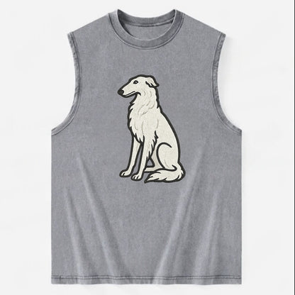 Borzoi - White embroidered sitting pose - Vintage Washed Tank - Grey
