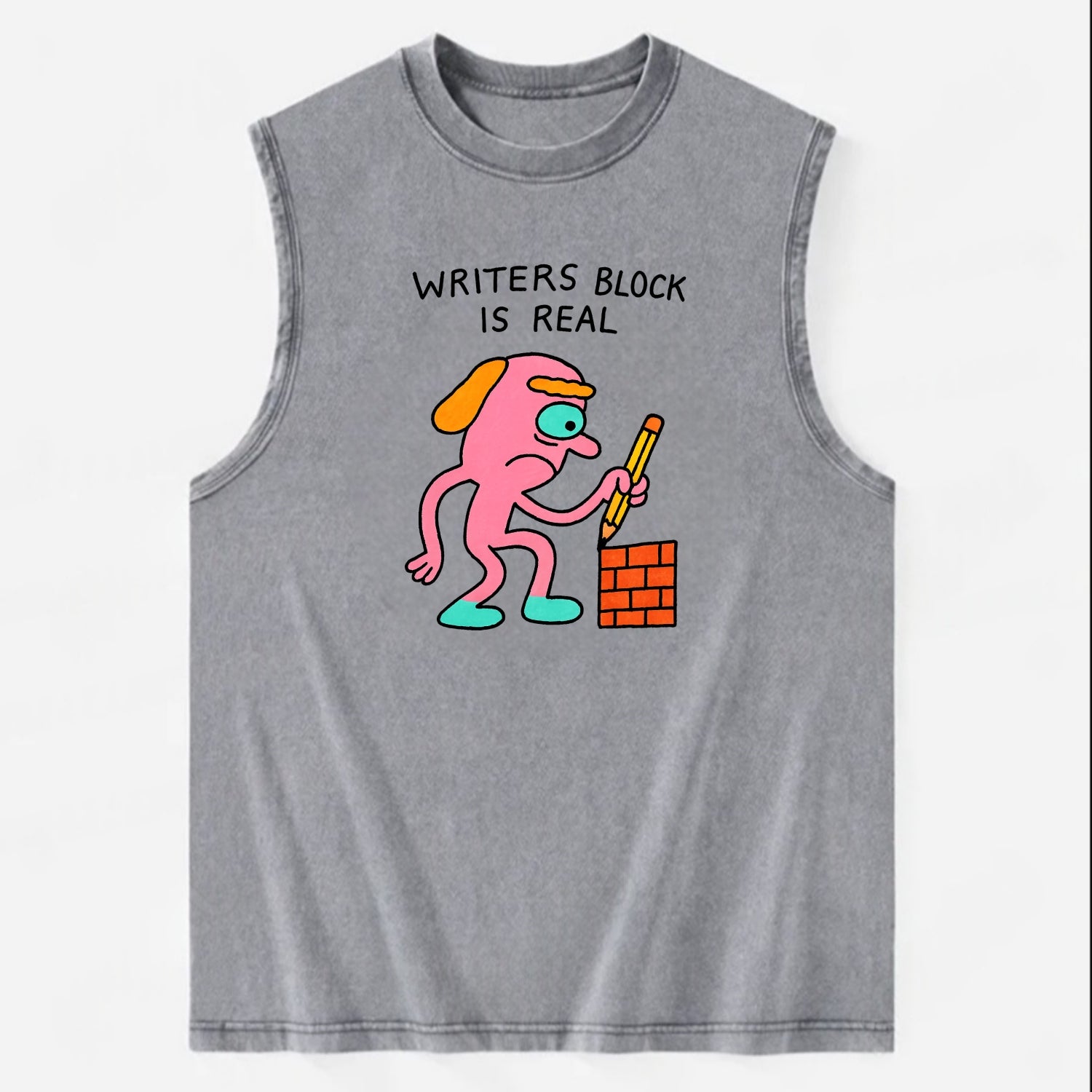 WRITERS BLOCK IS REAL | Brick wall with pencil - Vintage Washed Tank - Grey