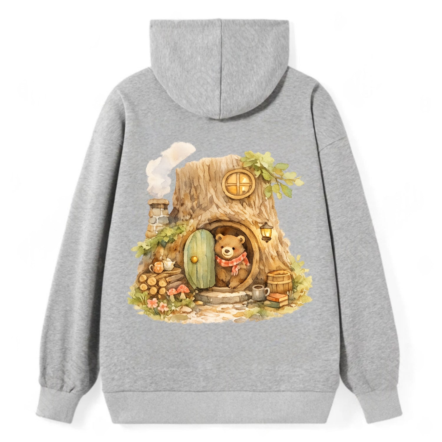 TREE HOME | Bear's home in hollow tree | Round door | Chimney smoke | - Classic Pullover Hoodie - Grey