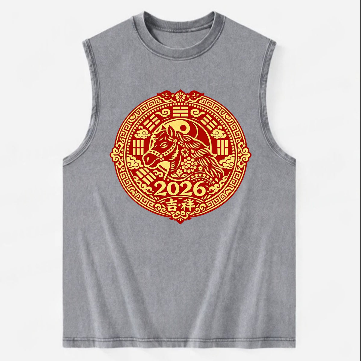 LUCKY HORSE MEDALLION | Circular medallion with horse profile | Intricate - Vintage Washed Tank - Grey