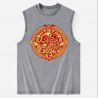LUCKY HORSE MEDALLION | Circular medallion with horse profile | Intricate - Vintage Washed Tank - Grey