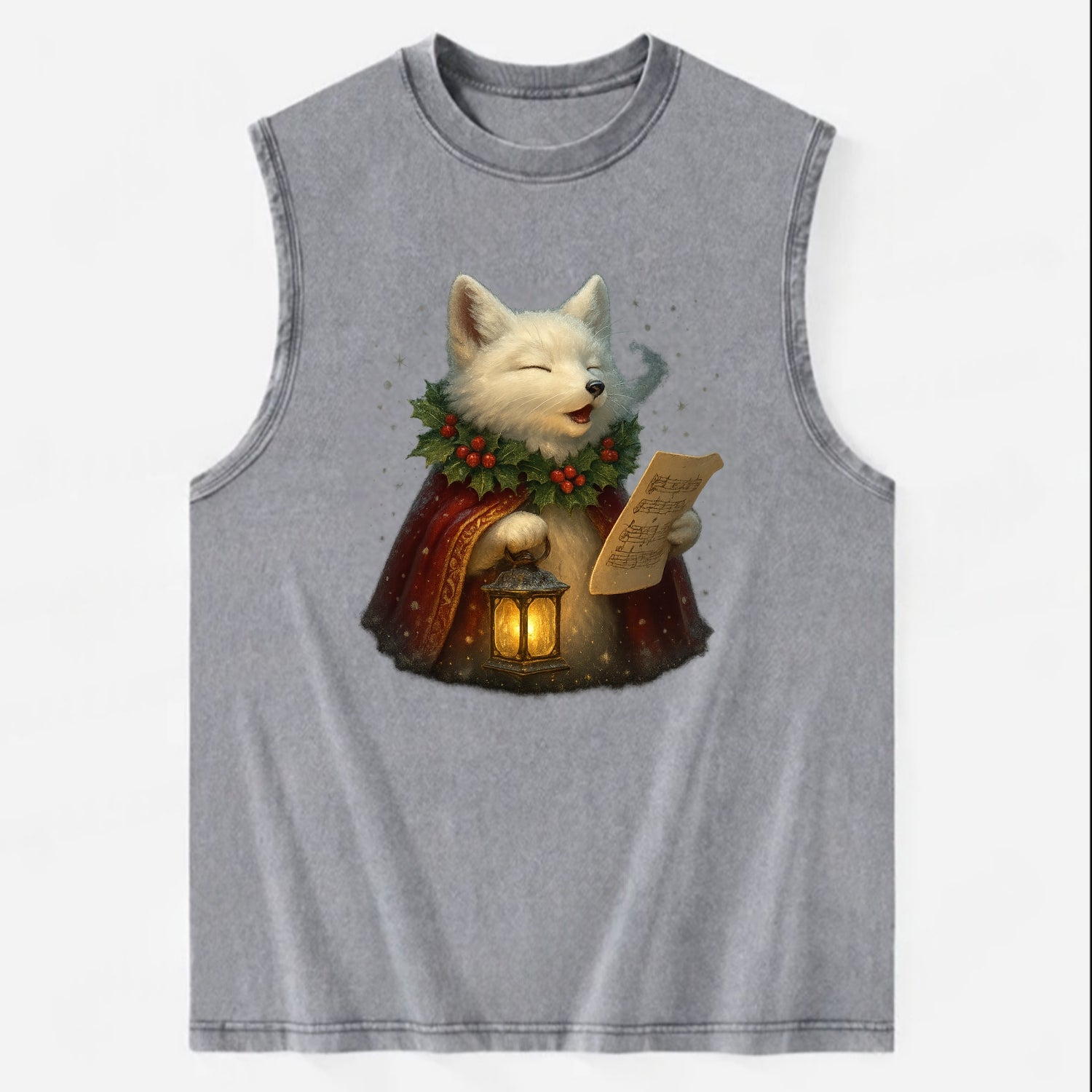 Snowbound Arctic Fox Caroler  - Vintage Washed Tank - Grey