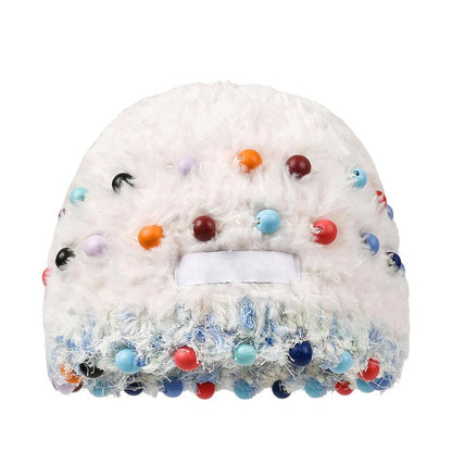 Fuzzy Knitted Beanie with Colorful Beads - Face-Flattering Winter Hat - Unisex Cute Headwrap Cap