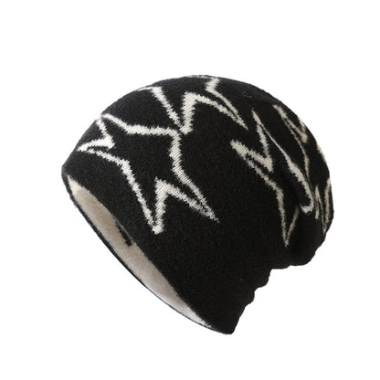 Double-Sided Fleece Knitted Beanie - Star Jacquard Warm Ear-Flap Cap - Unisex Casual Slouchy Hat