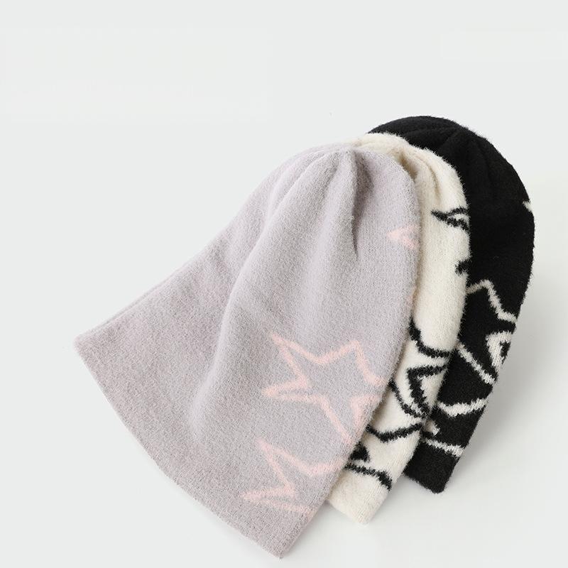 Double-Sided Fleece Knitted Beanie - Star Jacquard Warm Ear-Flap Cap - Unisex Casual Slouchy Hat