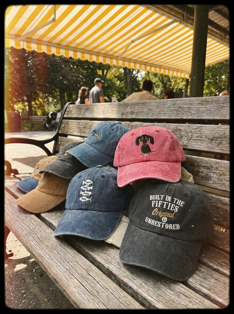 A group of five baseball caps in various colors (pink, blue, black, brown, and tan) are lined up on a wooden park bench under a yellow and white striped awning. The black cap in the front right features the embroidered text 'BUILT IN THE FIFTIES Original Unstoppable'.
