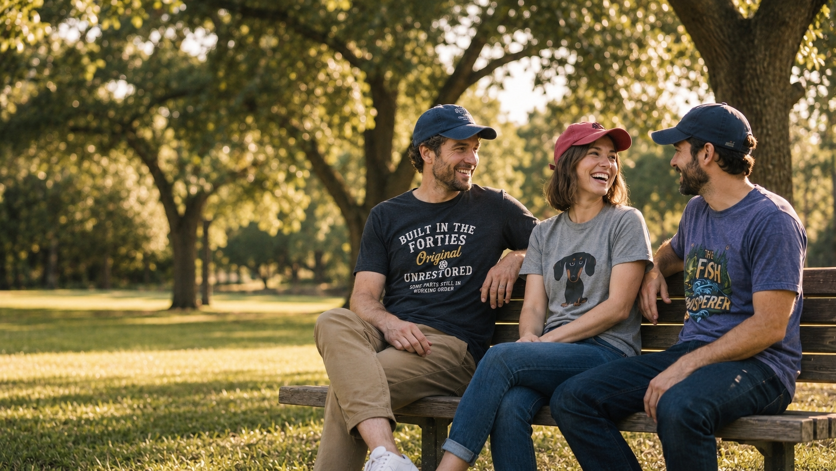 Three friends laughing and sitting together on a wooden bench in a sunny park with trees in the background. They are wearing graphic t-shirts and baseball caps.