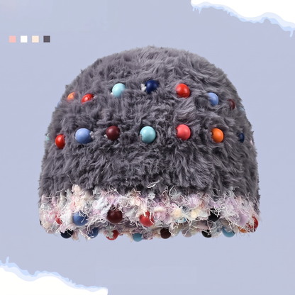 Fuzzy Knitted Beanie with Colorful Beads - Face-Flattering Winter Hat - Unisex Cute Headwrap Cap