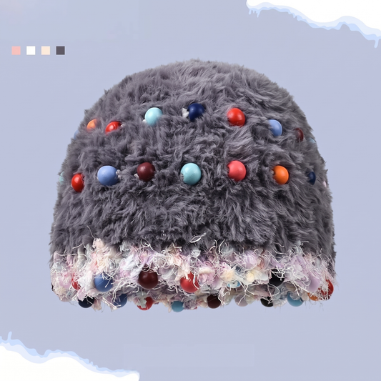 Fuzzy Knitted Beanie with Colorful Beads - Face-Flattering Winter Hat - Unisex Cute Headwrap Cap
