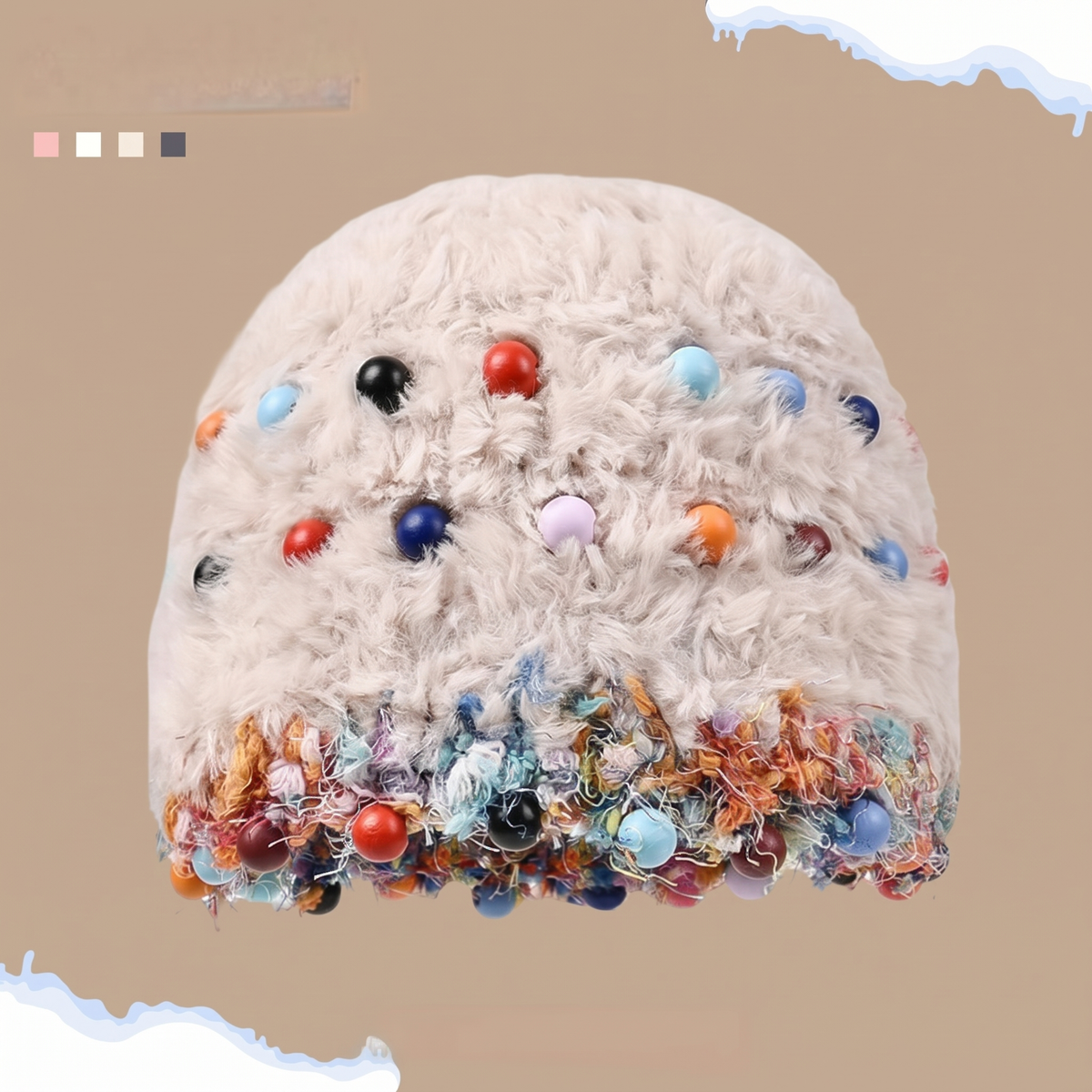 Fuzzy Knitted Beanie with Colorful Beads - Face-Flattering Winter Hat - Unisex Cute Headwrap Cap
