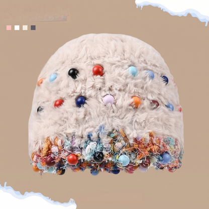 Fuzzy Knitted Beanie with Colorful Beads - Face-Flattering Winter Hat - Unisex Cute Headwrap Cap