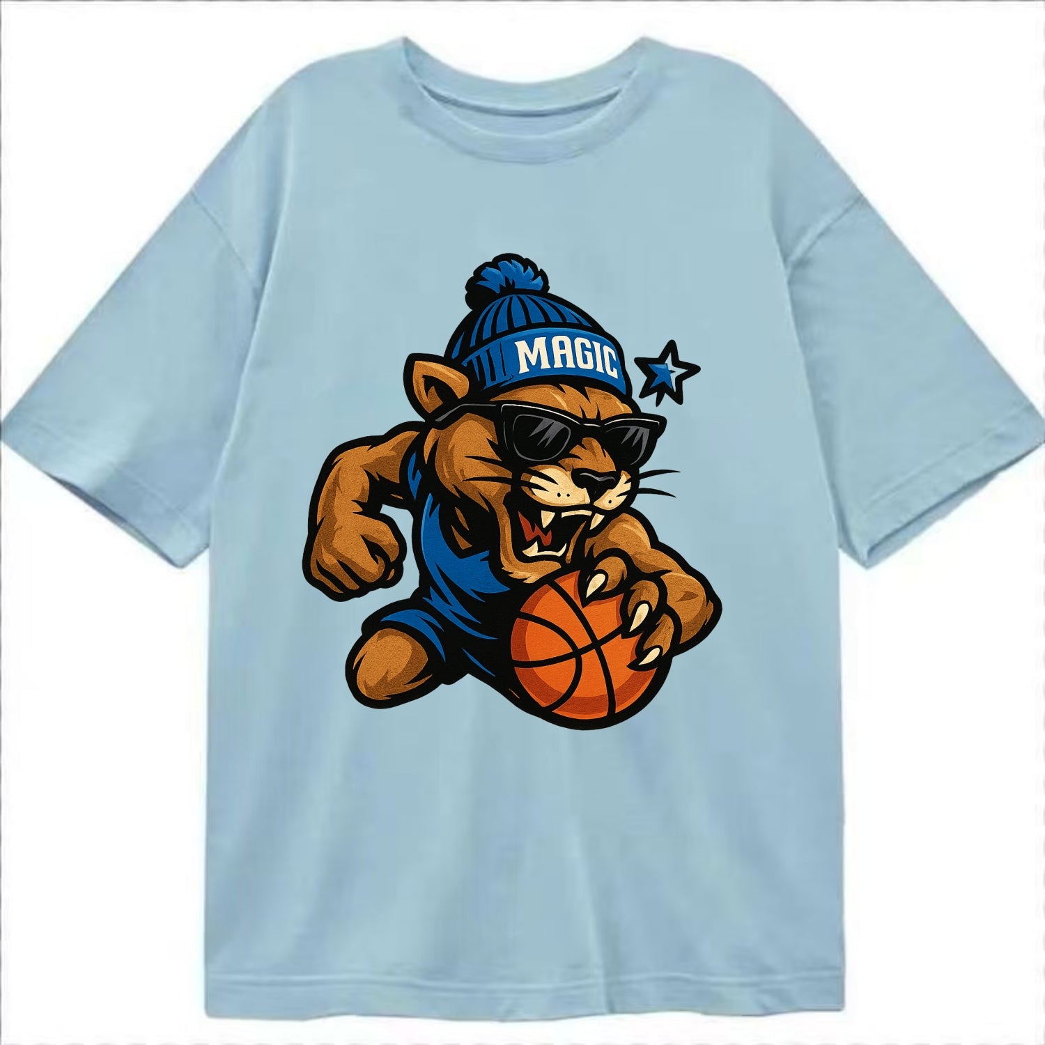 Florida Panther wearing Magic beanie with star wand patch and wayfarer sunglasses - Classic T-shirt - Light Blue