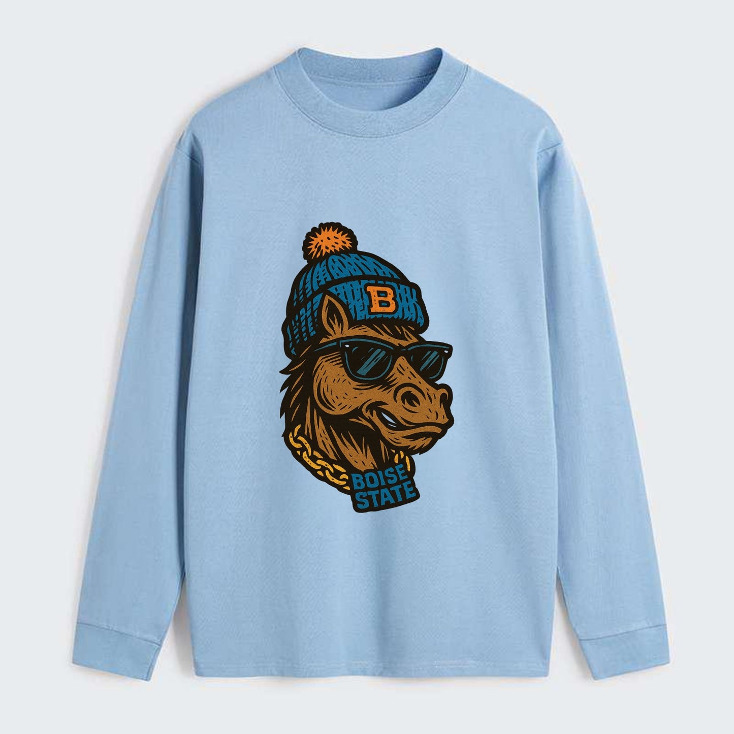 Boise Bronco wearing Boise State beanie with B patch - Classic Long Sleeve Shirt - Light Blue