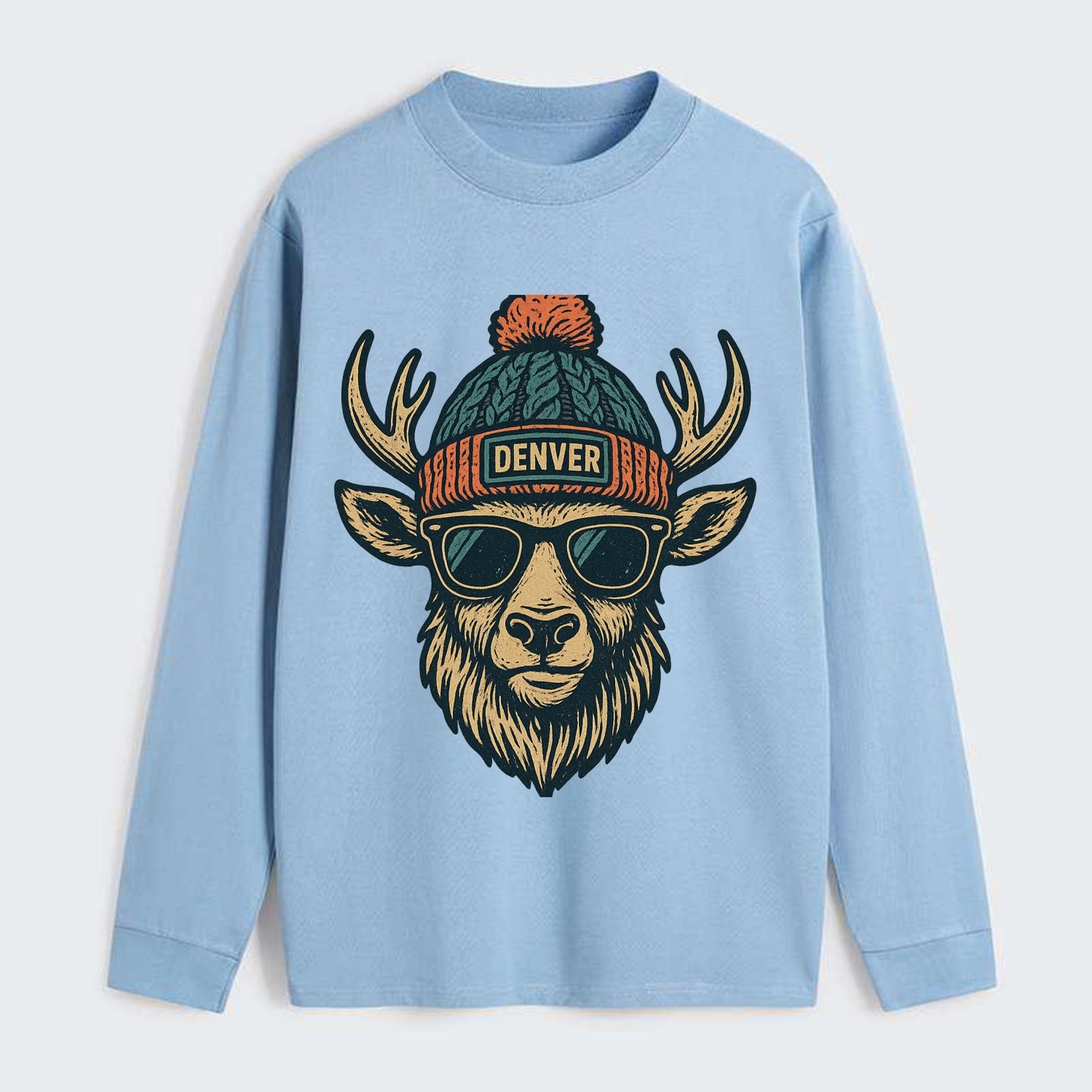 Denver Elk wearing Denver beanie with pom pom and wayfarer sunglasses - Classic Long Sleeve Shirt - Light Blue