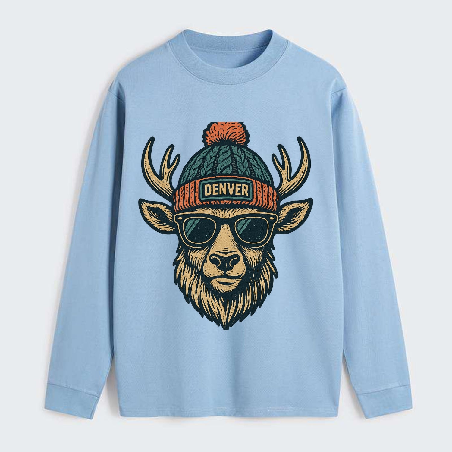 Denver Elk wearing Denver beanie with pom pom and wayfarer sunglasses - Classic Long Sleeve Shirt - Light Blue