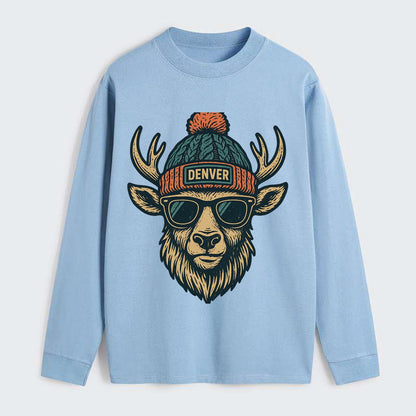 Denver Elk wearing Denver beanie with pom pom and wayfarer sunglasses - Classic Long Sleeve Shirt - Light Blue