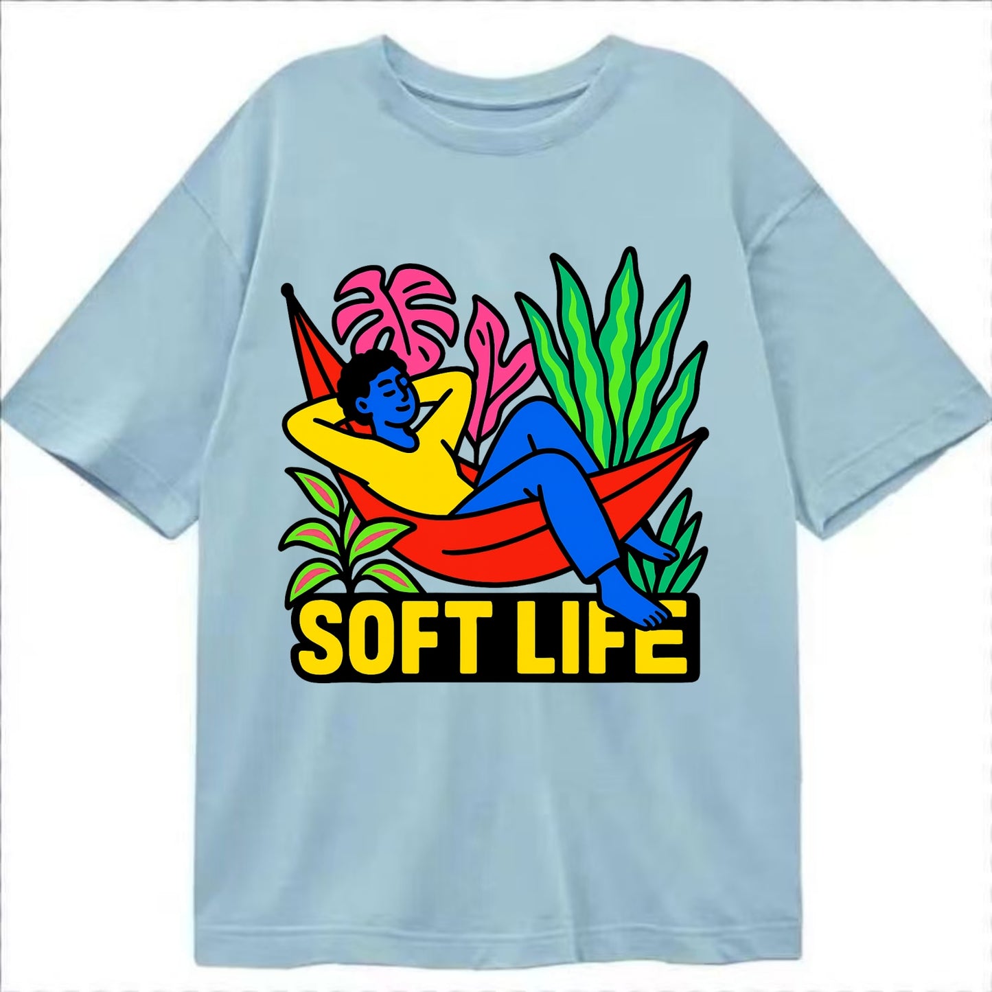 Person relaxing in hammock with plants - "soft life" aesthetic, peaceful living - Classic T-shirt - Light Blue