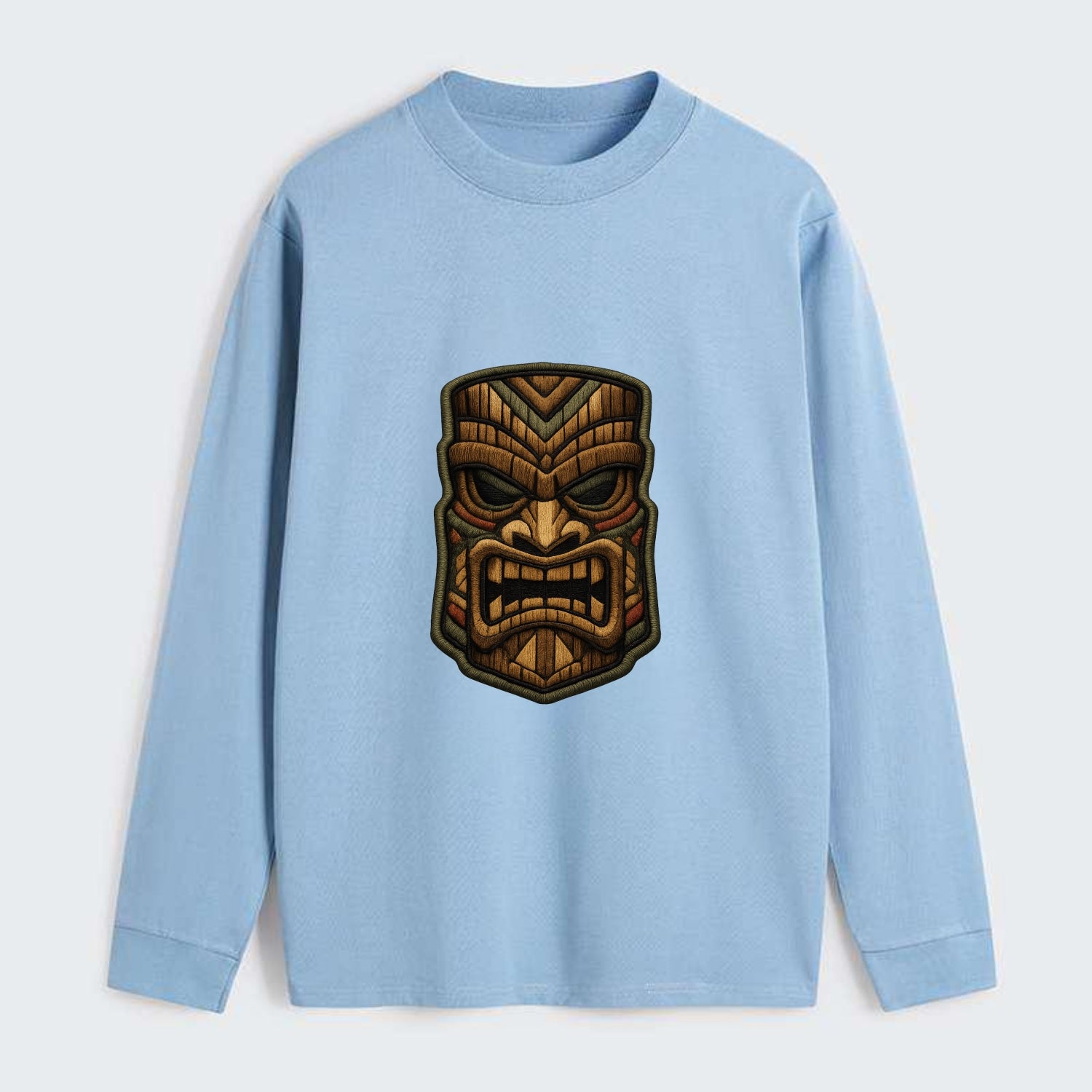 TIKI MASK - carved totem in brown and red , Polynesian - Classic Long Sleeve Shirt - Light Blue