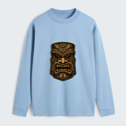 TIKI MASK - carved totem in brown and red , Polynesian - Classic Long Sleeve Shirt - Light Blue
