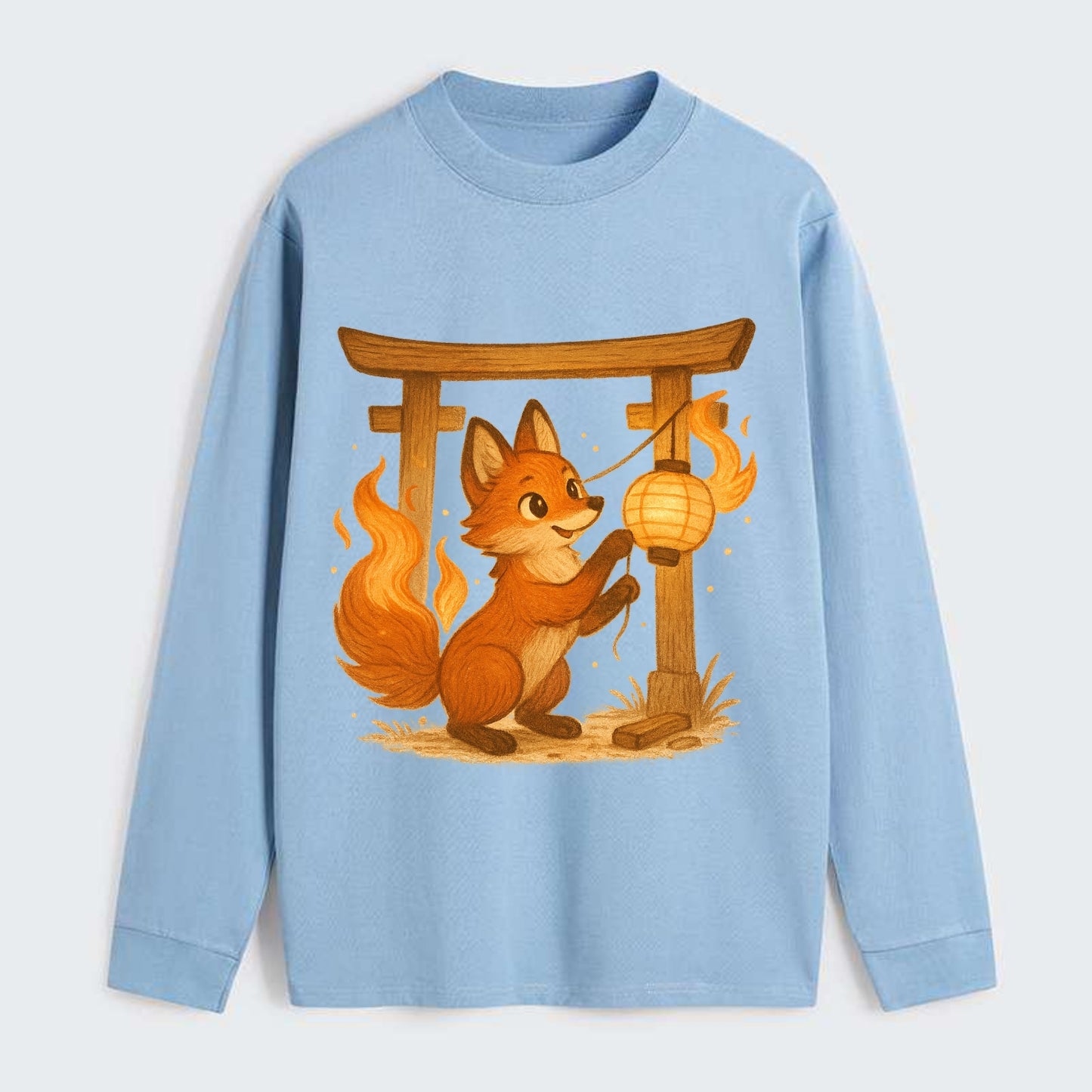 Foxfire kitsune stringing lanterns along a torii gate with tails of - Classic Long Sleeve Shirt - Light Blue