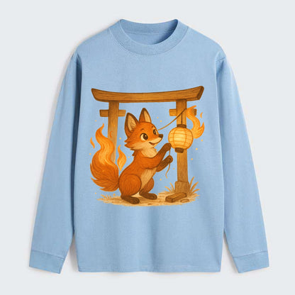 Foxfire kitsune stringing lanterns along a torii gate with tails of - Classic Long Sleeve Shirt - Light Blue