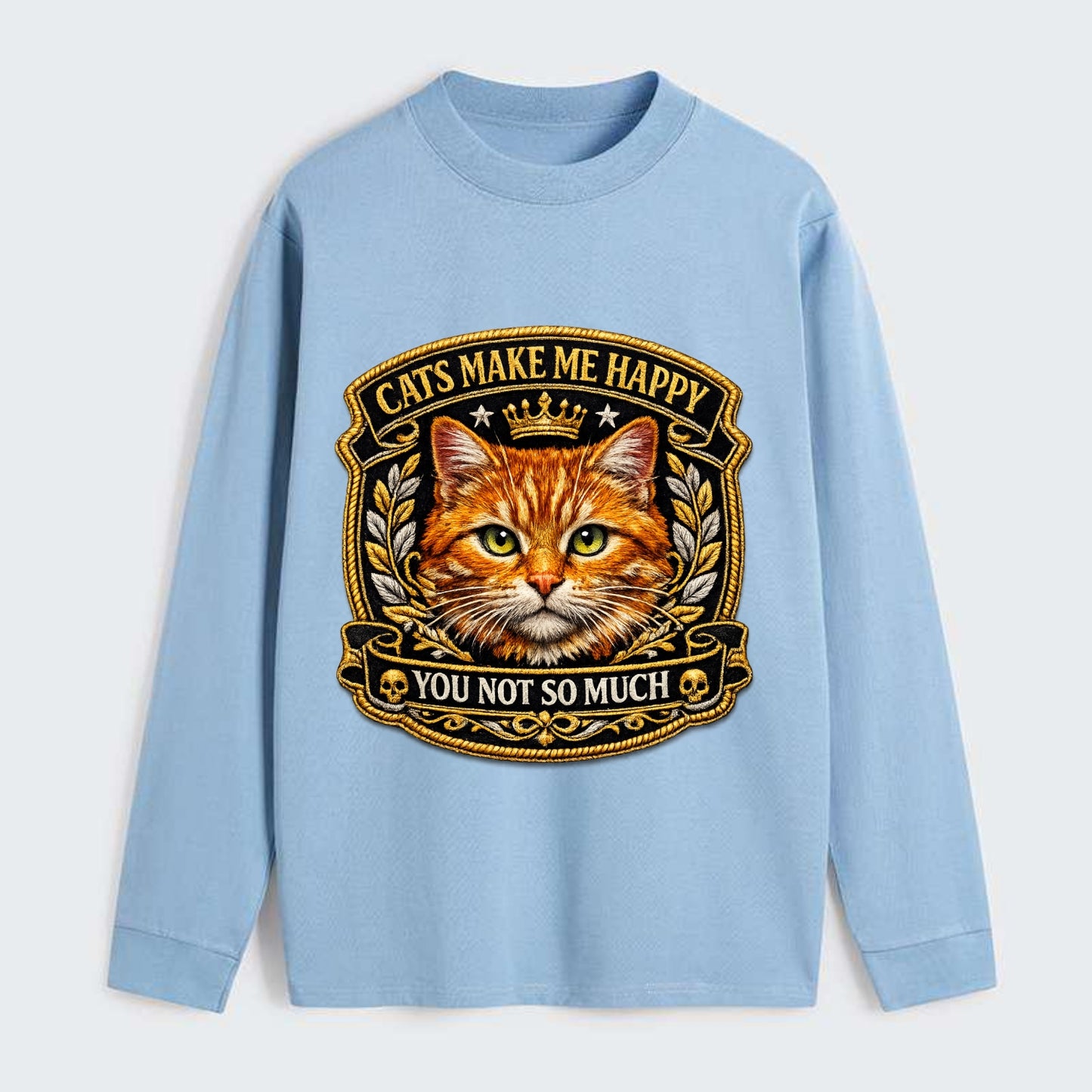CATS MAKE ME HAPPY YOU NOT SO MUCH - cat face in orange , cat preference - Classic Long Sleeve Shirt - Light Blue