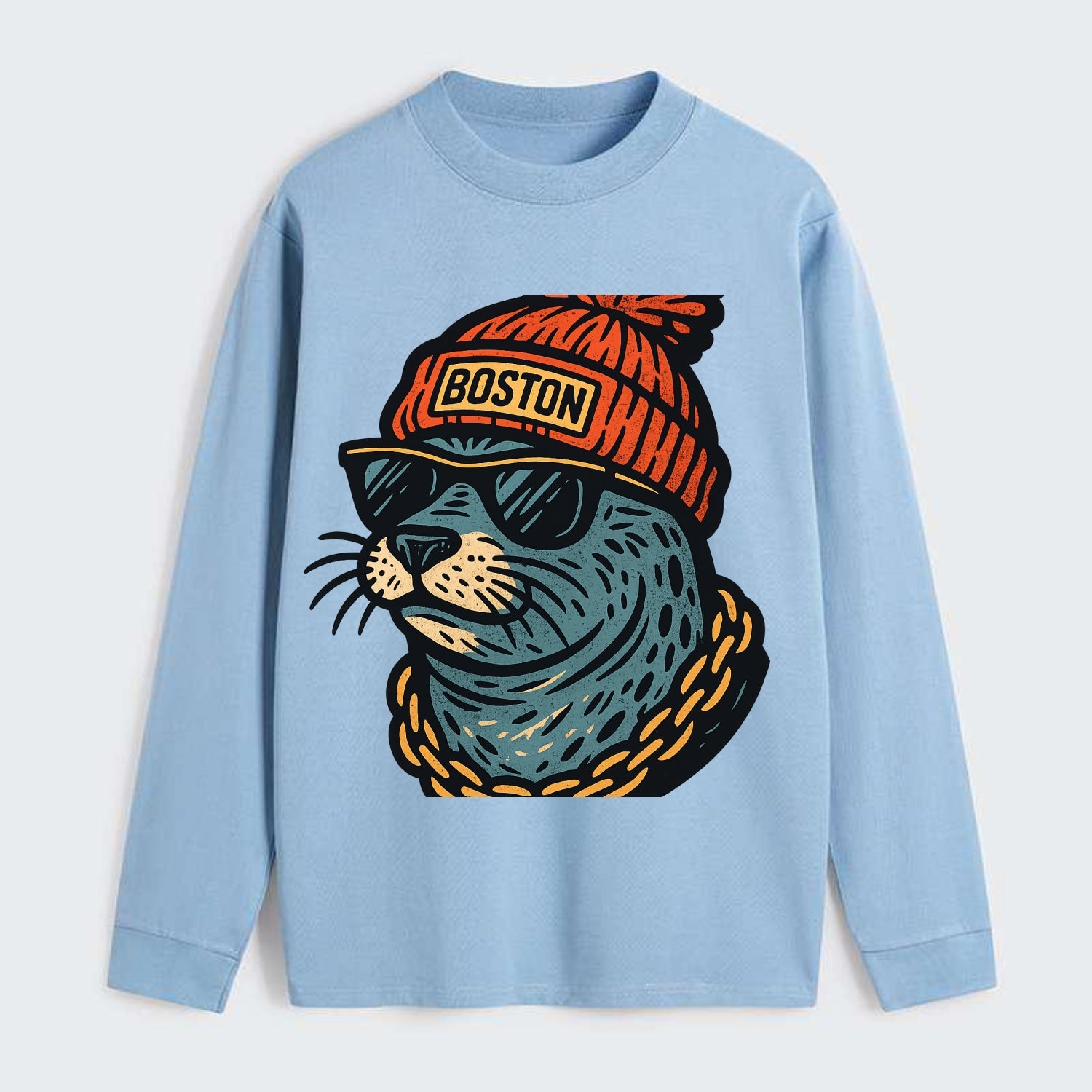 Boston Harbor Seal wearing Boston beanie with pom pom and wayfarer - Classic Long Sleeve Shirt - Light Blue