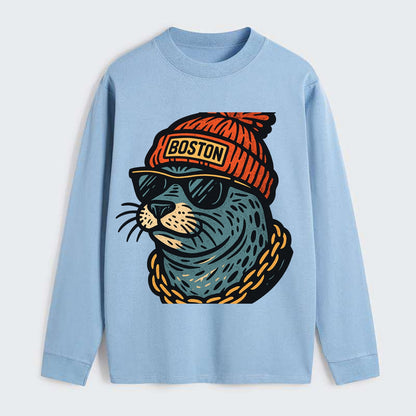 Boston Harbor Seal wearing Boston beanie with pom pom and wayfarer - Classic Long Sleeve Shirt - Light Blue