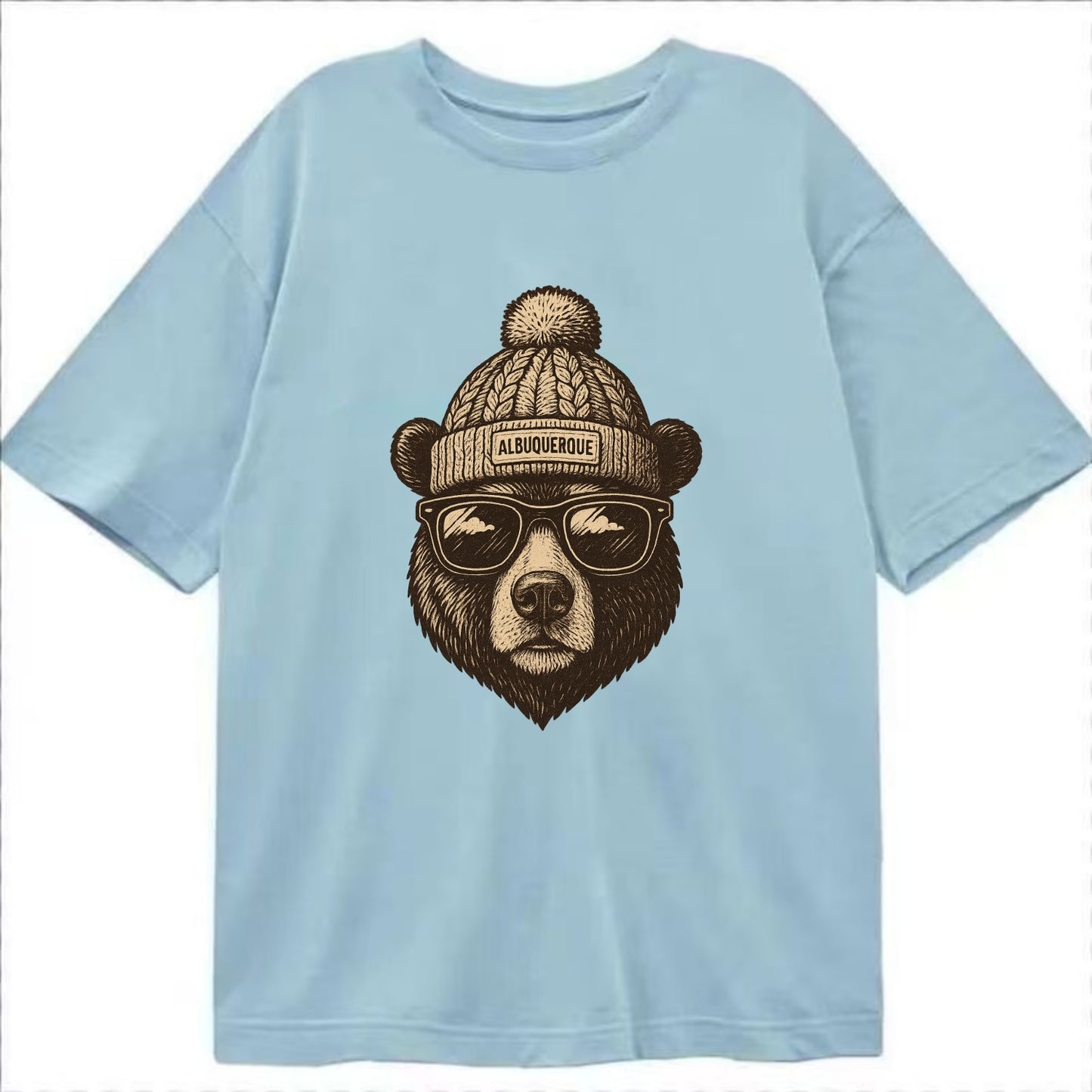 New Mexico Black Bear wearing Albuquerque beanie with pom pom and wayfarer - Classic T-shirt - Light Blue