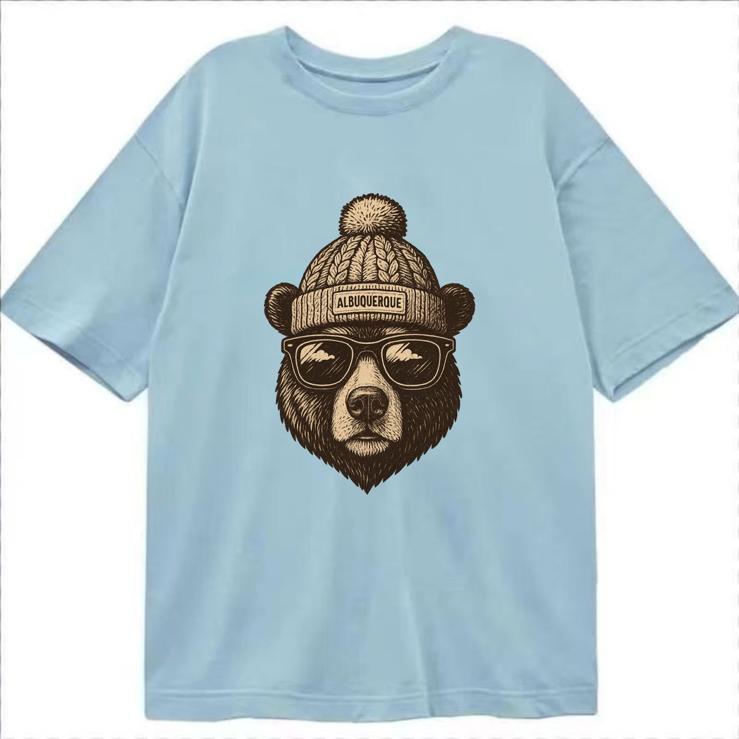 New Mexico Black Bear wearing Albuquerque beanie with pom pom and wayfarer - Classic T-shirt - Light Blue