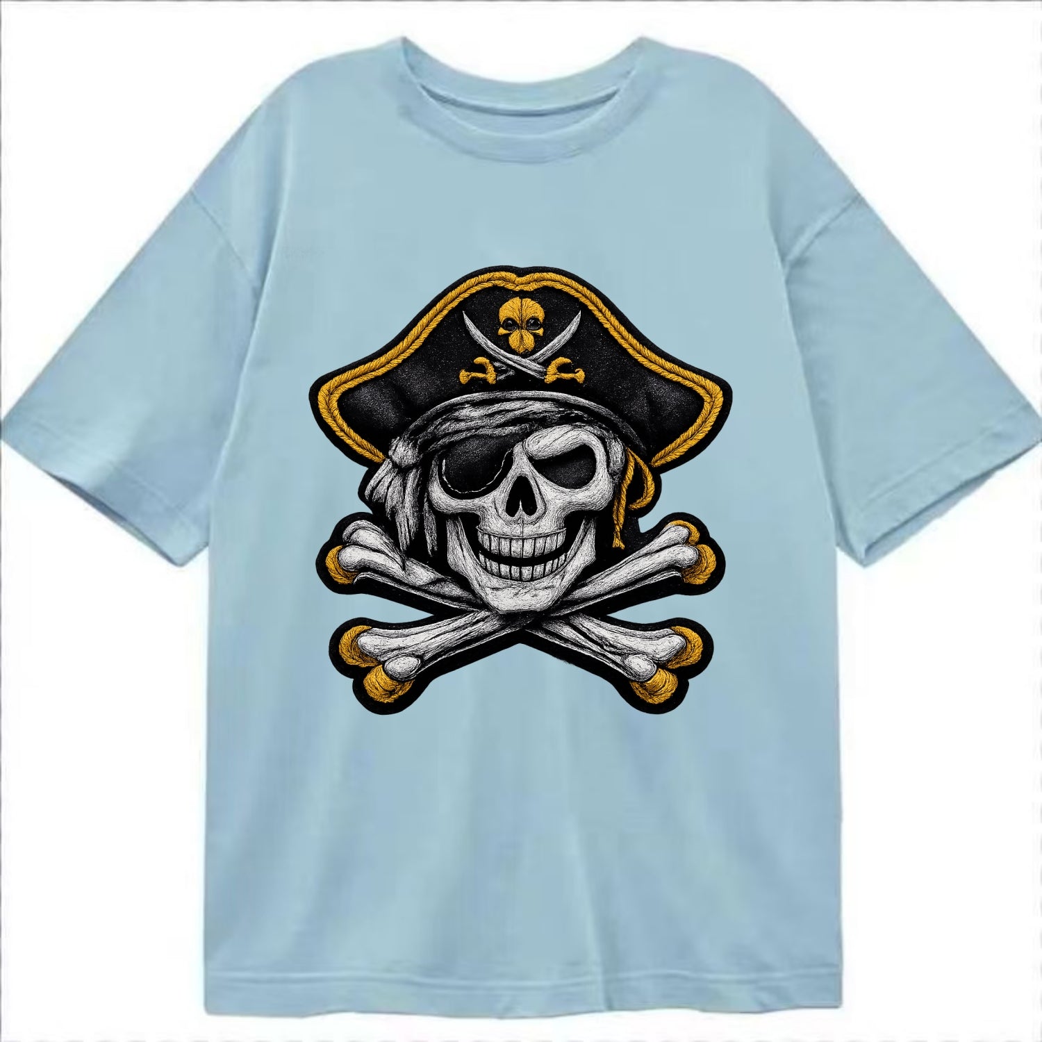 PIRATE SKULL - Jolly Roger skull in black and white , pirate - Classic T-shirt - Light Blue