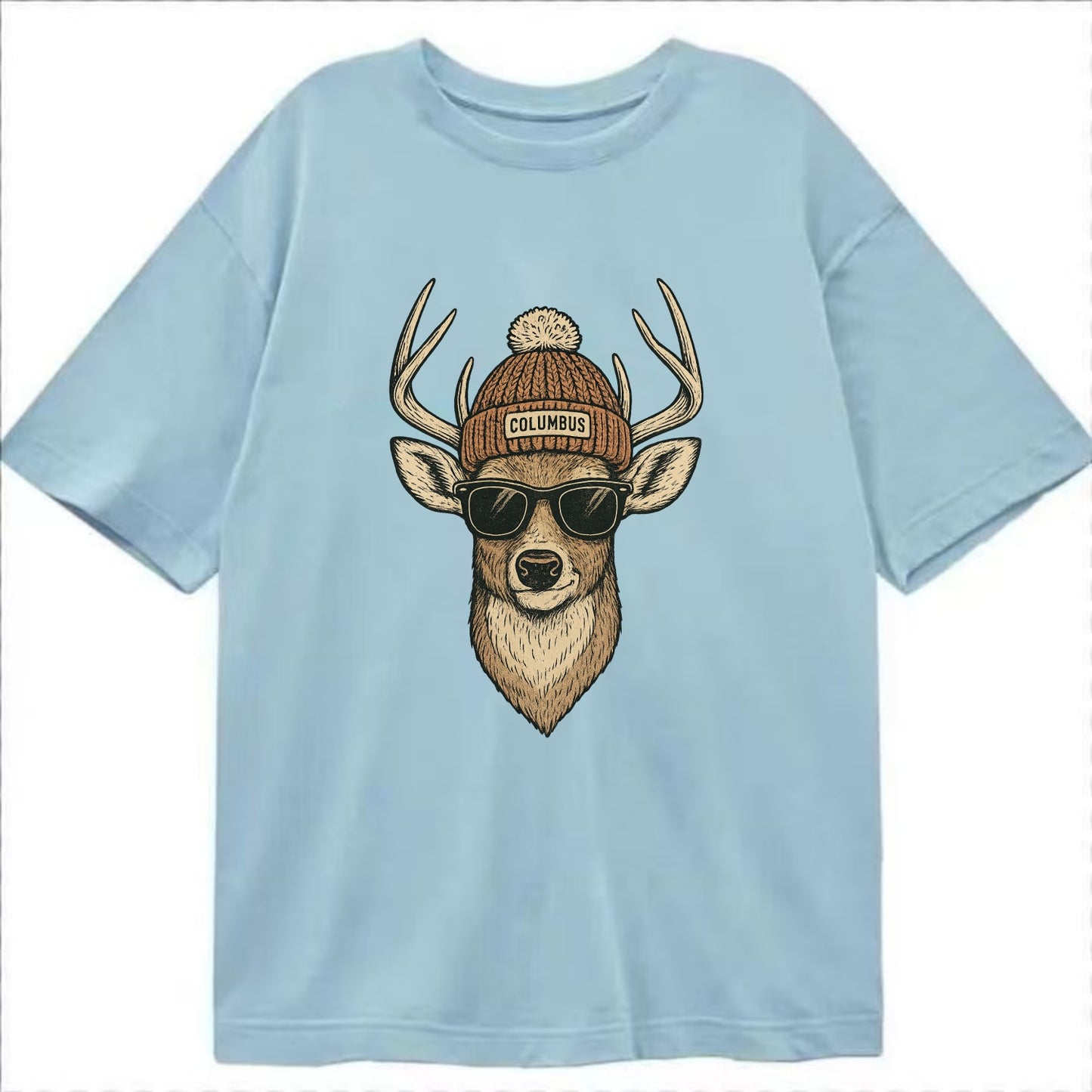 Ohio White-tailed Deer wearing Columbus beanie with pom pom and wayfarer - Classic T-shirt - Light Blue