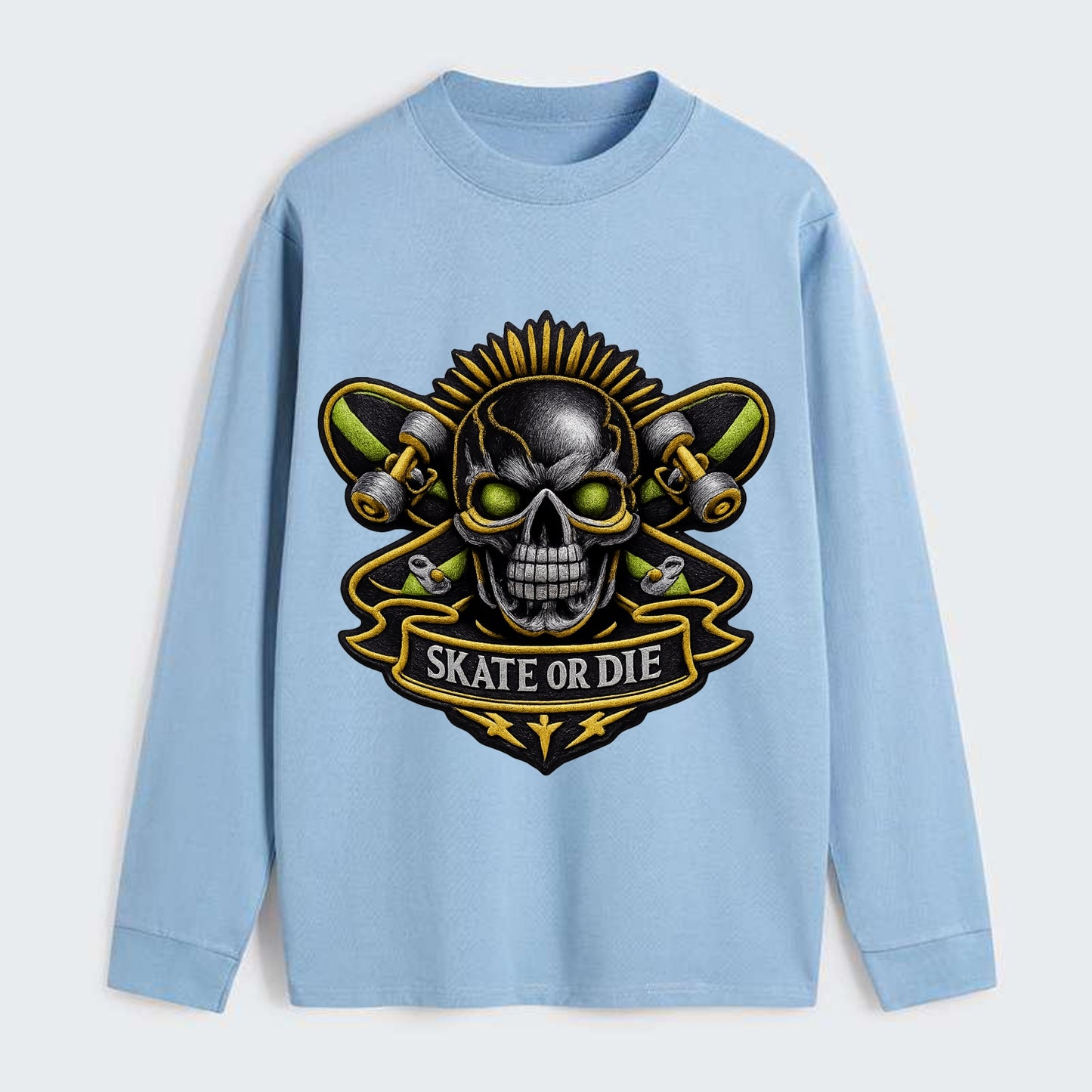 SKATEBOARD SKULL - skull with skateboard in black and neon green , - Classic Long Sleeve Shirt - Light Blue