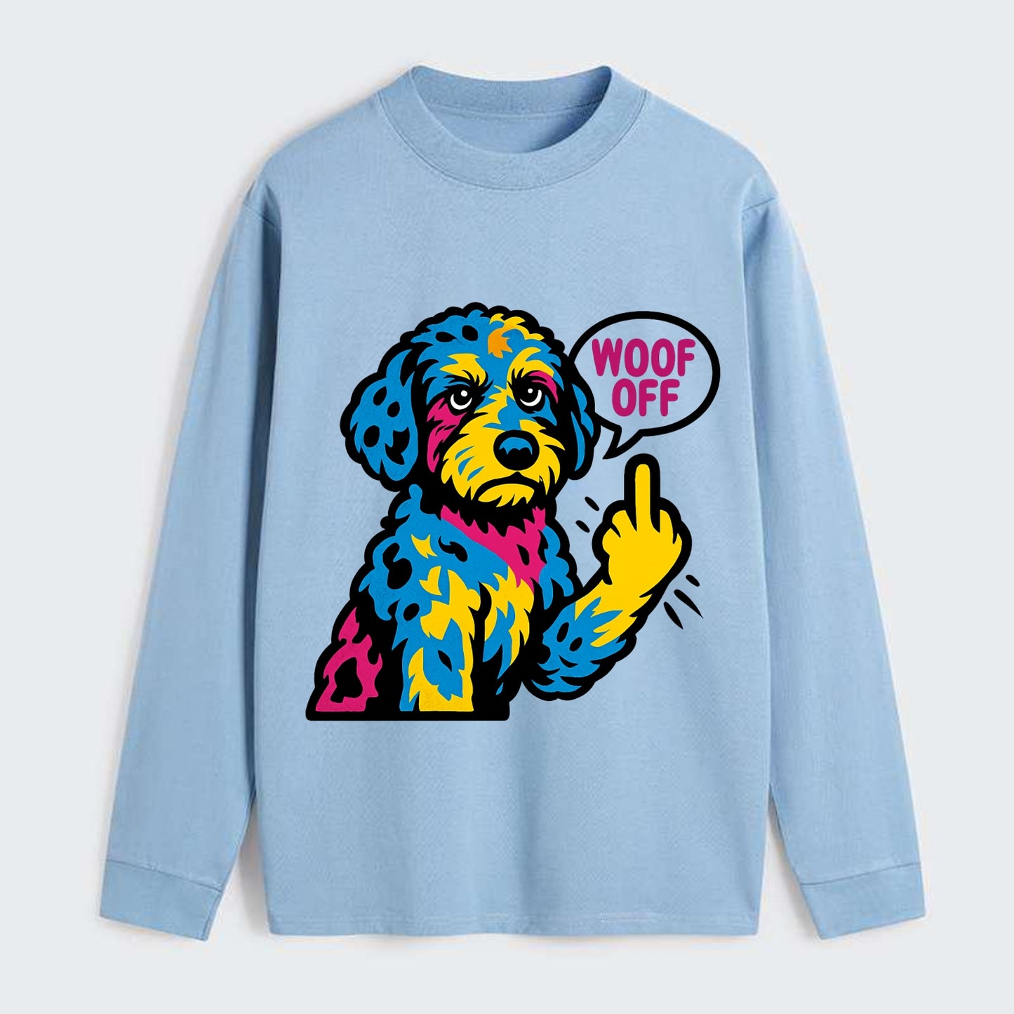 Aussiedoodle with merle patches and curly coat, playful smart paw raised - Classic Long Sleeve Shirt - Light Blue