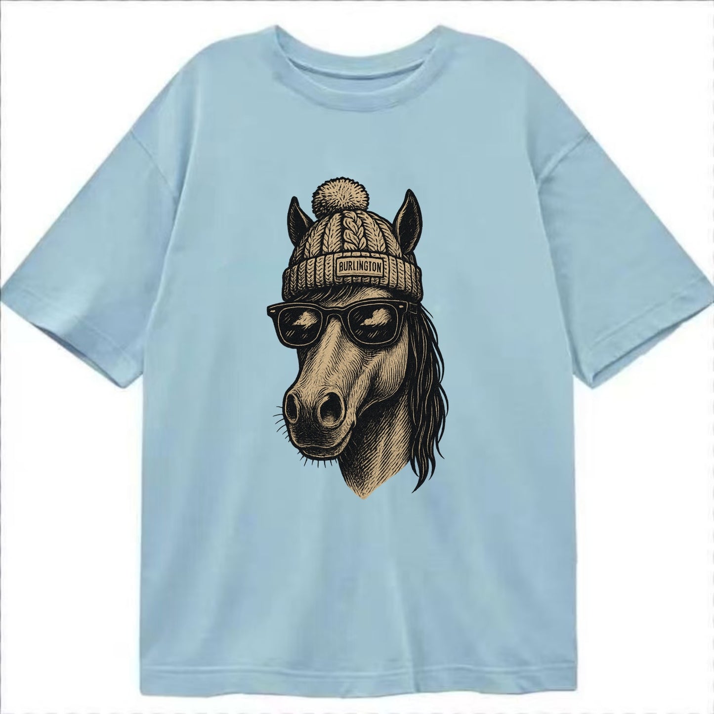 Vermont Morgan Horse wearing Burlington beanie with pom pom and wayfarer - Classic T-shirt - Light Blue