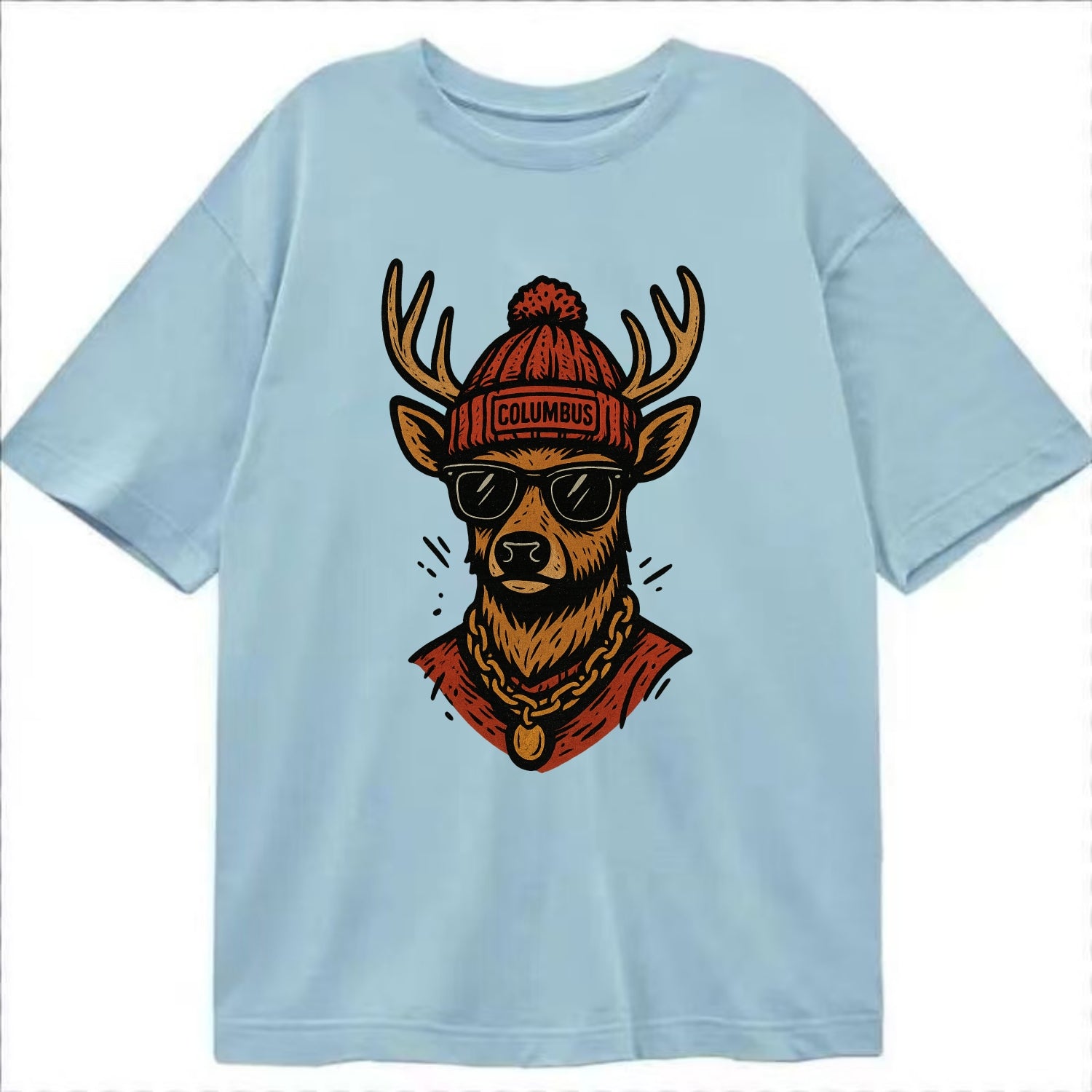 Columbus White-tailed Deer wearing Columbus beanie with pom pom and wayfarer - Classic T-shirt - Light Blue