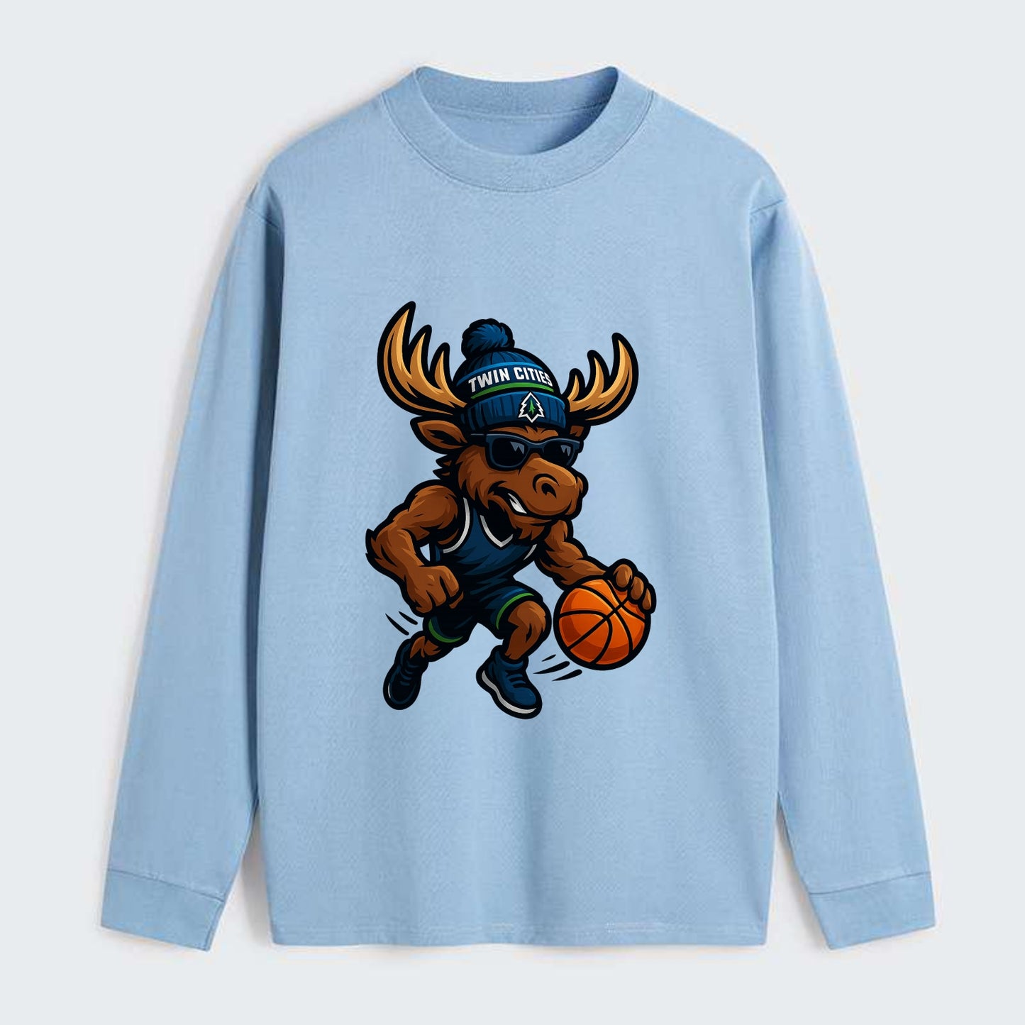 Twin Cities Moose wearing Timberwolves beanie with pine tree patch and - Classic Long Sleeve Shirt - Light Blue